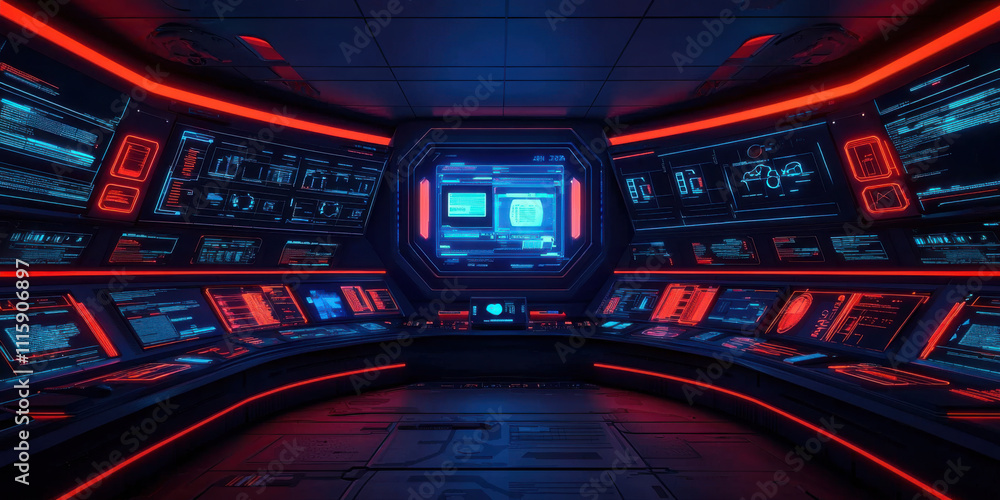 Poster futuristic control room with glowing screens and high tech interfaces