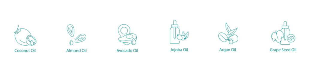 Luxurious Beauty Oils Vector Icon Set: Coconut, Almond, Avocado, Jojoba, Argan, Grape Seed