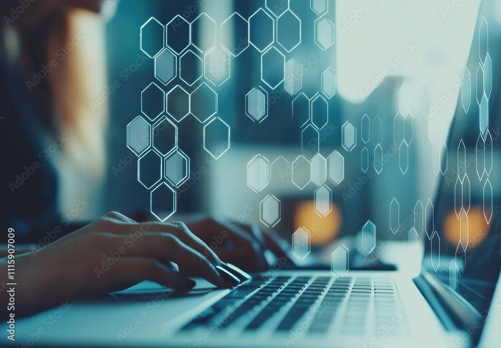 Poster close-up of a person typing on a laptop in a modern workspace with abstract digital graphics represe