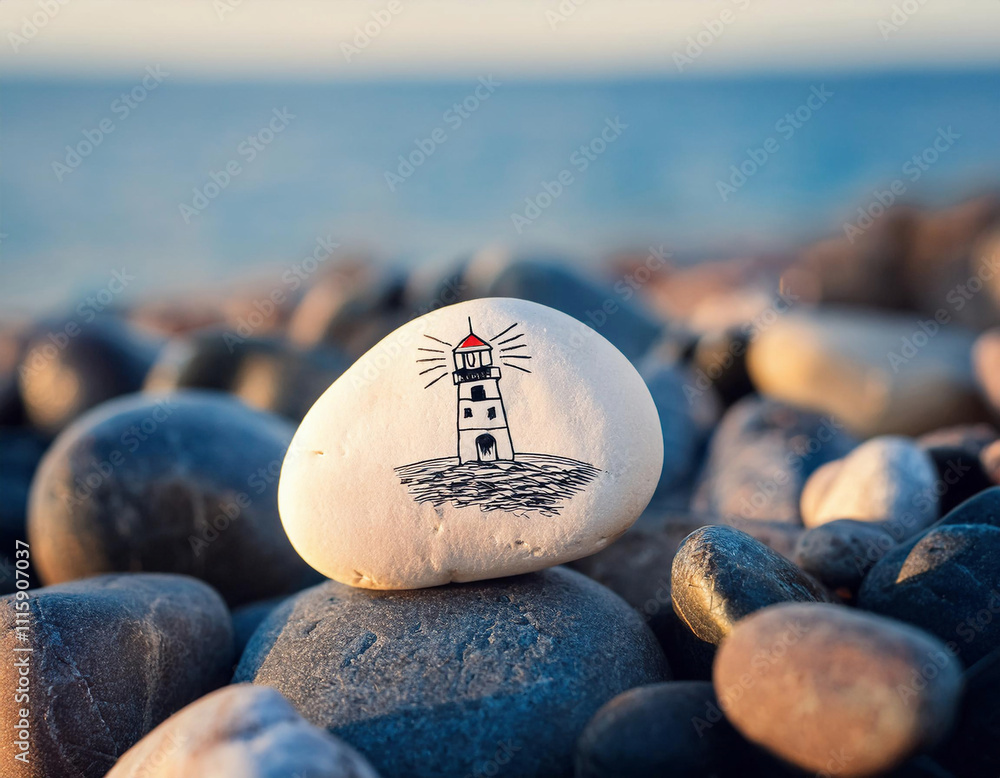 Wall mural A white pebble with a hand-drawn lighthouse design resting among dark beach stones on the seashore