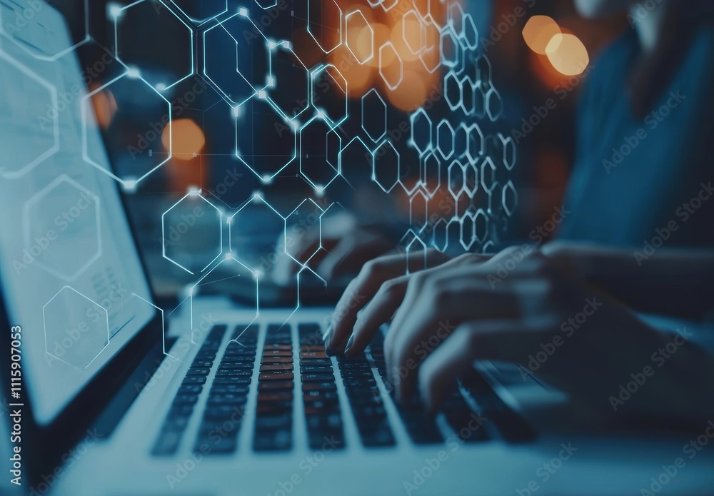 Poster hands typing on laptop in dark room with overlay of digital hexagons representing technology, innova