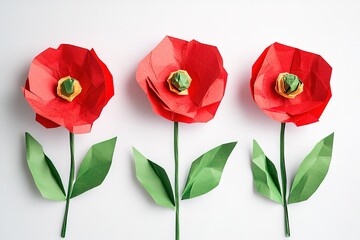 Fototapeta premium Paper poppy flowers with leaves on pink background 