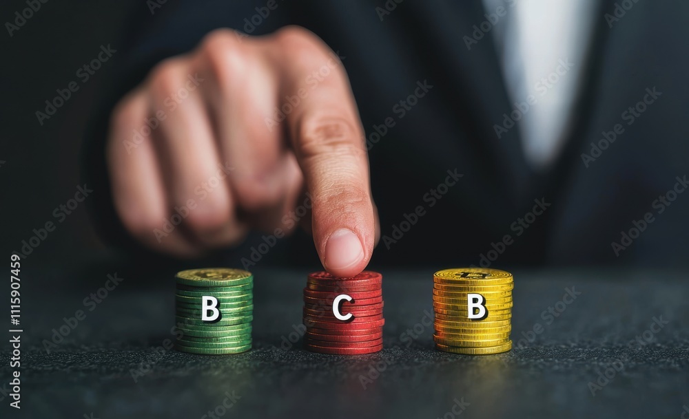 Poster person hand pointing at stacked coins with letters on surface representing financial choices and inv