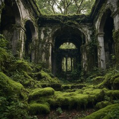 Fototapeta premium Overgrown ruins surrounded by vibrant moss and vines.