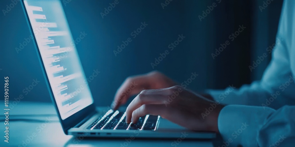 Poster person typing on a laptop in a dimly lit room, focusing on coding or software development with a fut