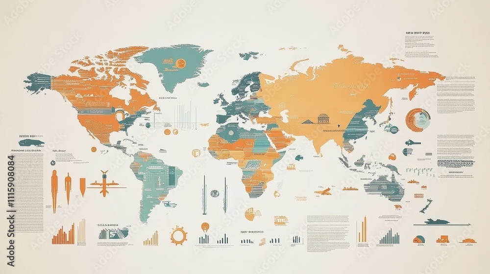 Poster infographic world map with statistical data visualizations