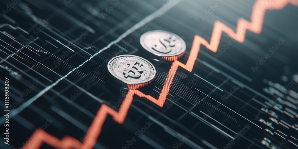 Aufkleber close-up view of metallic coins on financial graph showing rising trend with dynamic line chart repr