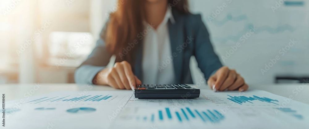 Aufkleber professional businesswoman analyzing financial reports with calculator in modern office environment 