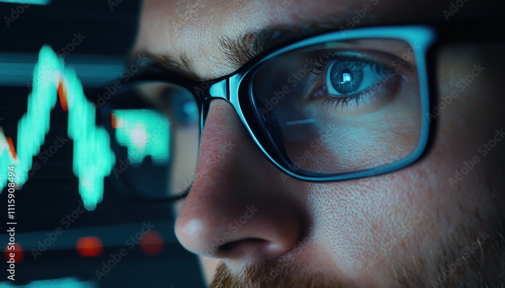 Poster close-up view of a focused analyst analyzing financial data with digital graphs and charts on a scre