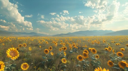 Fototapeta premium Breathtaking Ultra HD Image of a Vast Sunflower Field Stretching Toward the Horizon Ideal for Agricultural, Nature, and Landscape Projects