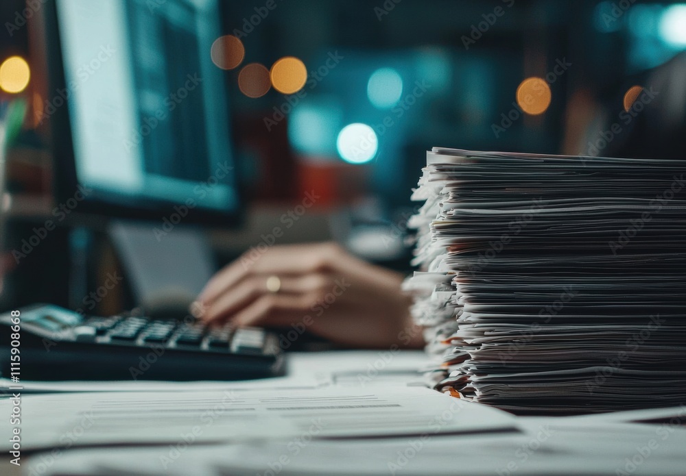 Poster close-up of a workspace with piles of paper and a calculator, showcasing a busy office environment a