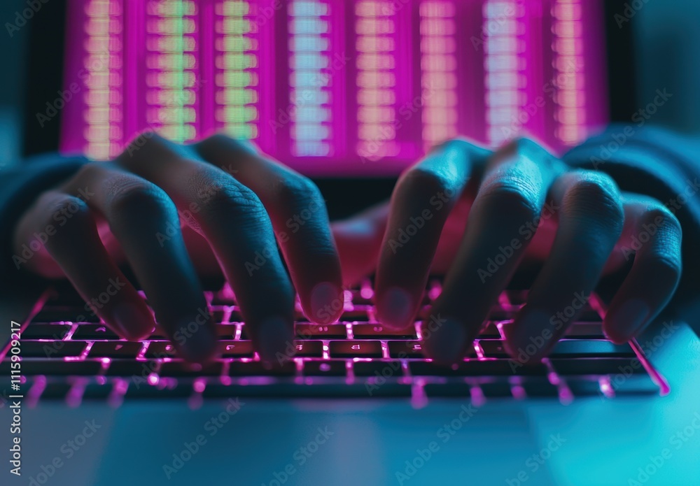 Poster close-up of hands typing on a modern laptop keyboard with colorful data display in background, repre