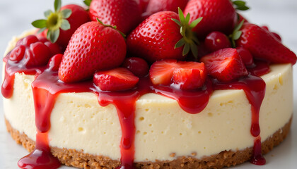 A close-up of creamy no-bake cheesecake with a golden graham cracker crust topped with fresh strawberries and berry coulis