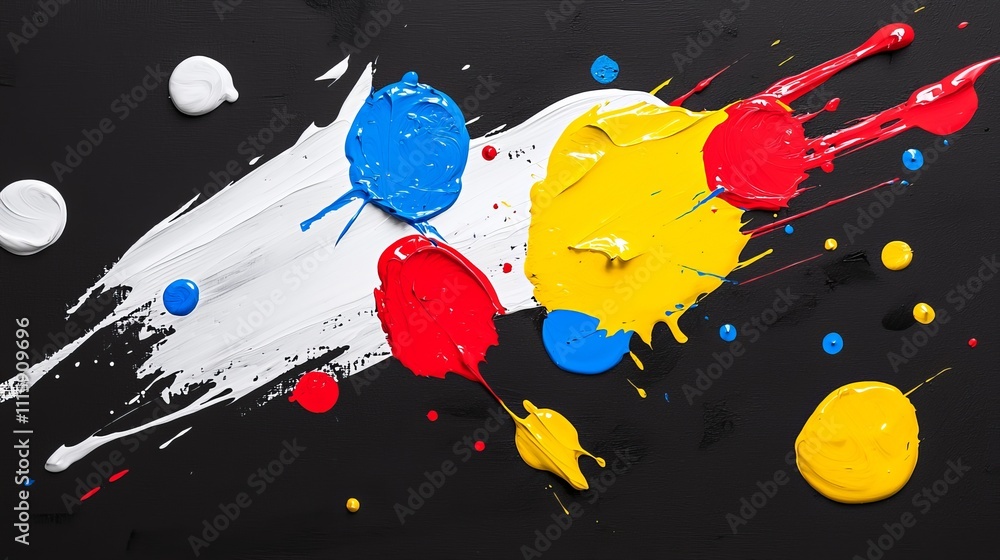 Poster vibrant circles and splashes of primary colors on a black background create an abstract artwork.