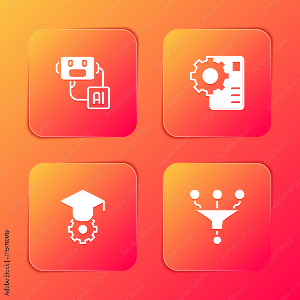 Poster set artificial intelligence robot, neural network, graduation cap and funnel filter icon. vector