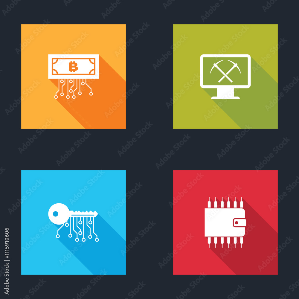 Poster set cryptocurrency bitcoin with circuit, mining monitor and pickaxe, key and wallet icon. vector