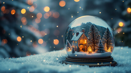 The Christmas tree in a clear crystal ball on top of the snow looks luxurious