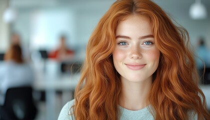 A young woman with vibrant red hair smiles warmly in a contemporary office space