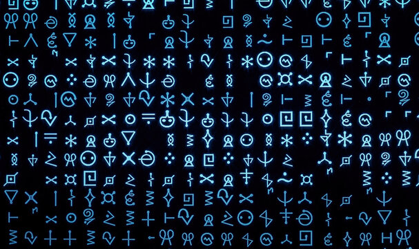 Complex line of alien hieroglyphs symbols