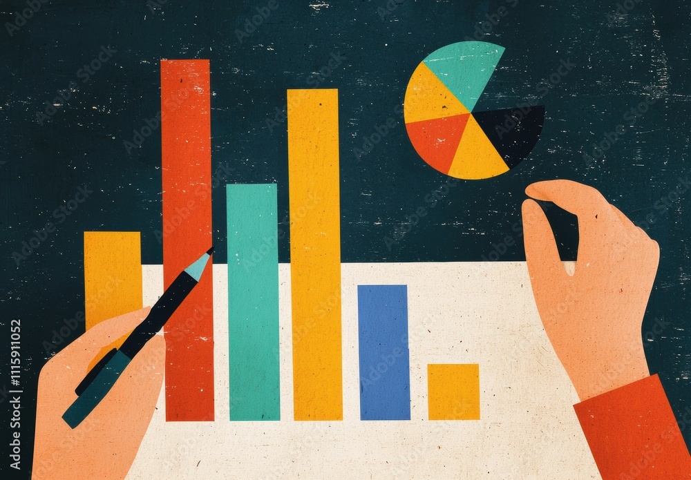 Poster colorful graphs and charts visualization with hands holding pen, representing data analysis and busi