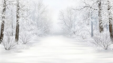 Fototapeta premium A serene winter landscape features a forest of snow-covered trees with a gently flowing river illuminated by a soft sunrise in pastel hues