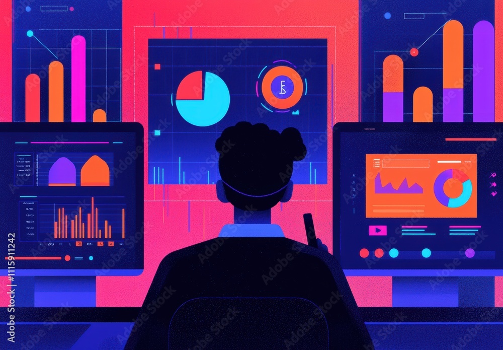 Poster modern data analyst working with vibrant graphs and charts in a high-tech office environment, surrou