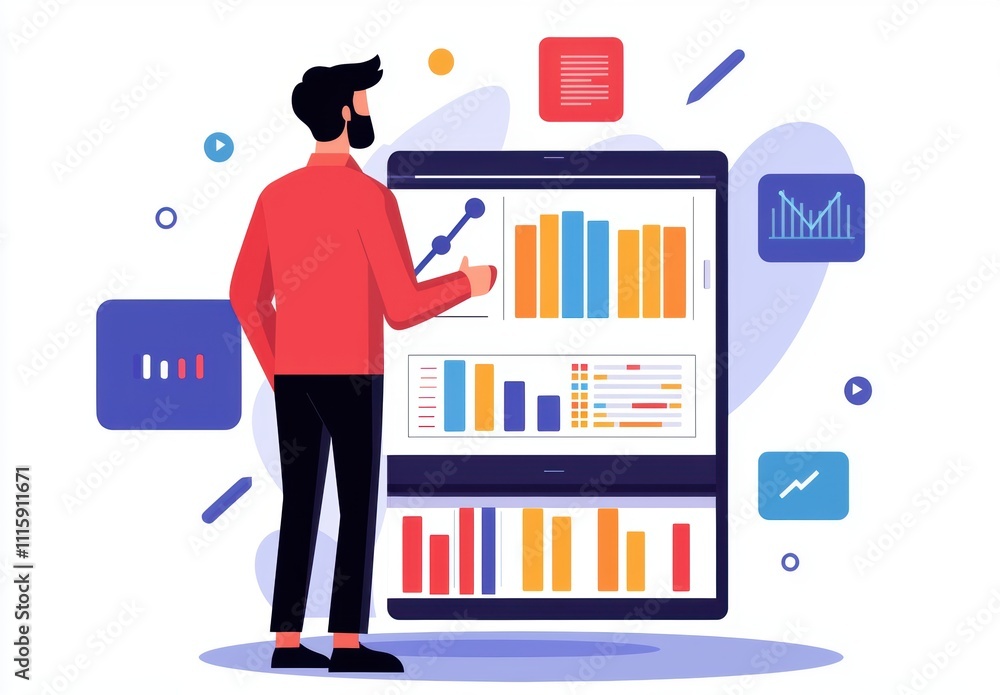 Poster Businessman Analyzing Data Visualizations on Interactive Digital Screens with Colorful Graphs and Charts for Enhanced Decision-Making and Analysis Strategies
