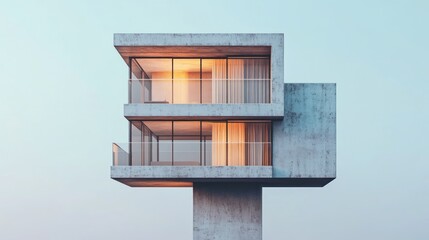 Modern Elevated Concrete House With Illuminated Interiors