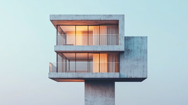 Modern Elevated Concrete House With Illuminated Interiors