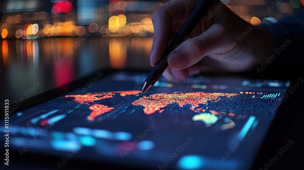 Aufkleber high-tech hand using stylus on digital map interface with bright orange and red highlights against a