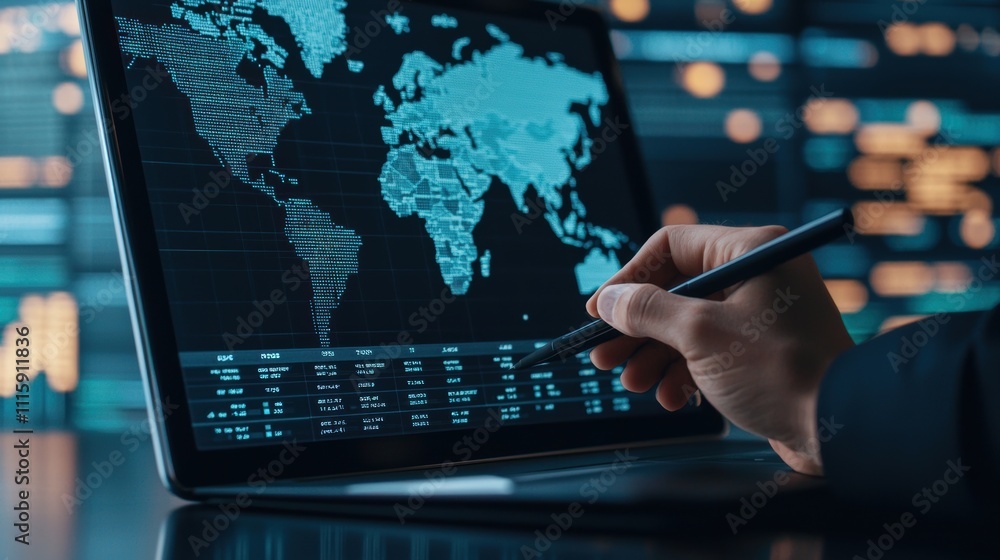 Poster high-tech laptop displaying global financial data with digital world map and financial metrics on sc