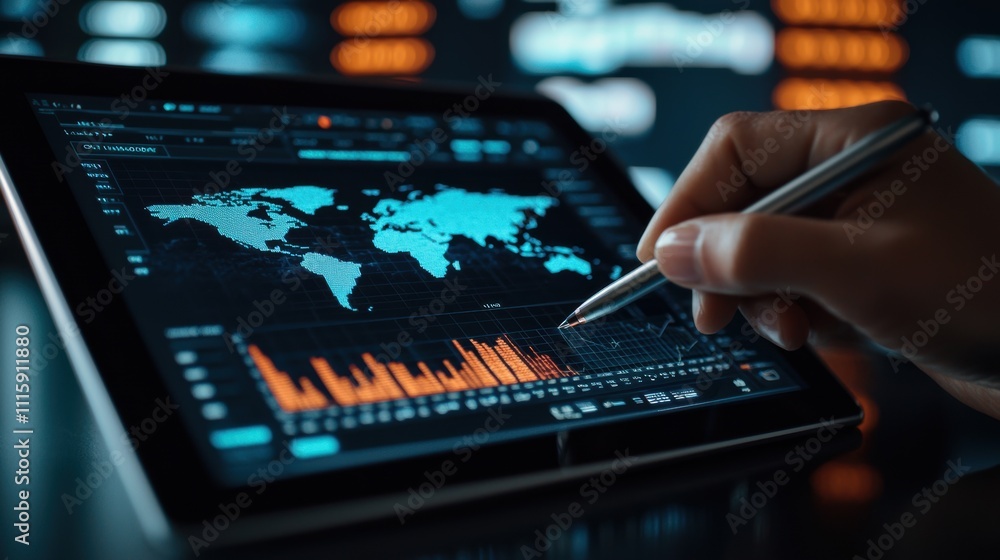 Poster detailed view of business analyst working on digital tablet with financial data visualization and wo