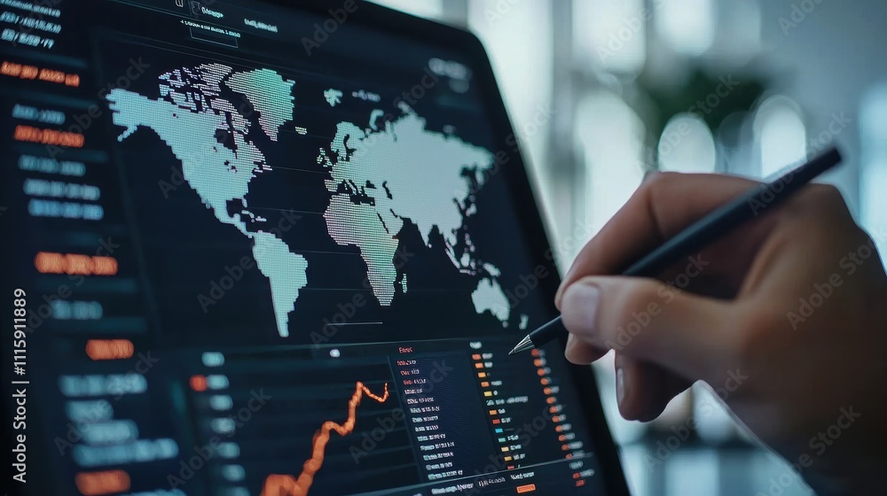 Poster close-up of hands analyzing global financial data on digital tablet screen with graphs and charts, e