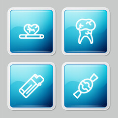 Set line Heart disease with smoking, Tooth caries, Lighter and Candy icon. Vector