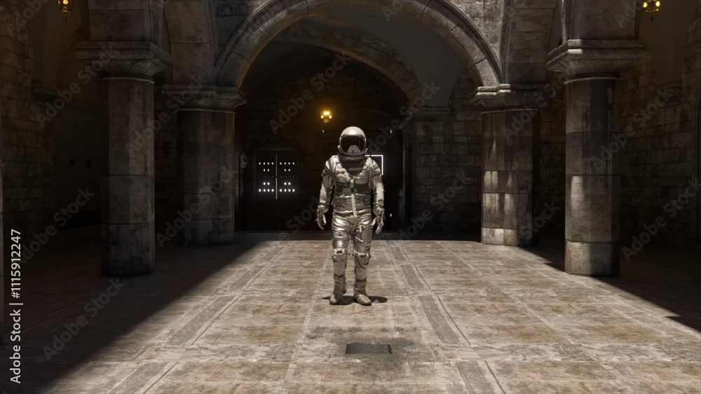 Poster astronaut is exploring an ancient building with stone arches and columns. sunlight streams through t