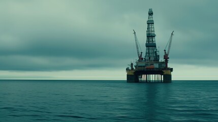 Fototapeta premium Offshore oil and gas jack-up platform during cargo operations with supply vessel in the ocean. Oil and Gas Industry