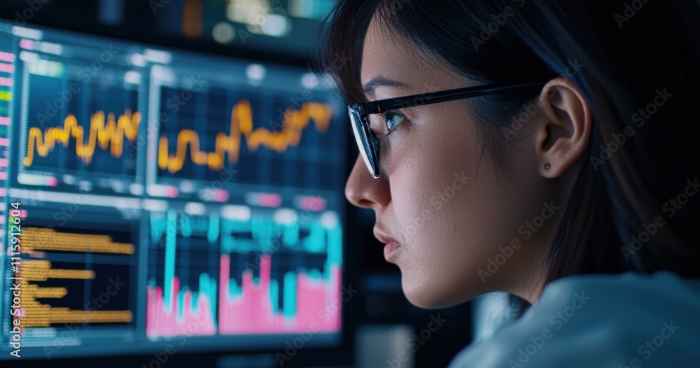Poster focused young woman analyzing data on computer screen in modern office environment with colorful gra