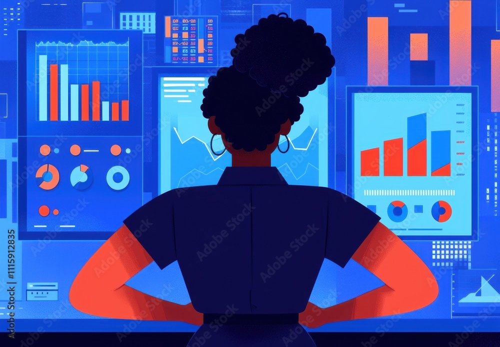 Poster businesswoman analyzing data on digital screens in a modern office, surrounded by colorful graphs an