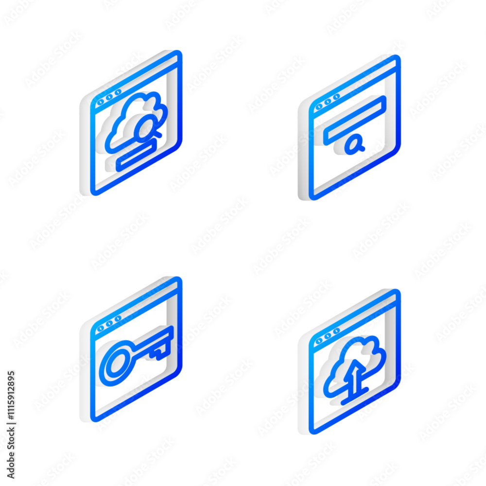 Poster set isometric line search engine, cloud technology data transfer, secure your site with https, ssl a