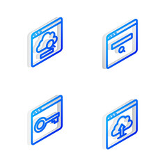 Set Isometric line Search engine, Cloud technology data transfer, Secure your site with HTTPS, SSL and upload icon. Vector