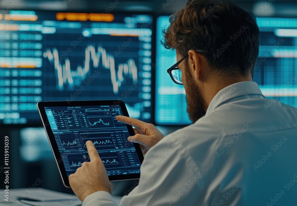 Poster business professional analyzing financial data on tablet in front of monitors displaying charts and 