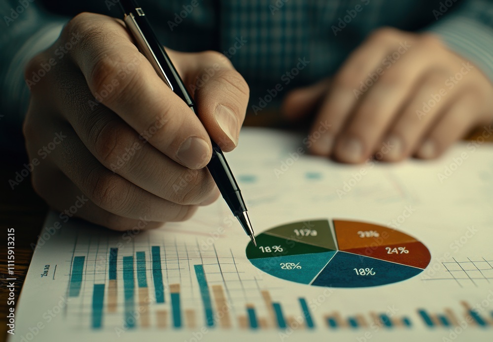 Aufkleber hands holding pen analyzing business graphs and charts on paper with colorful pie chart showing diff