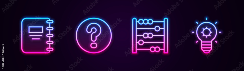 Poster set line notebook, speech bubbles with question, abacus and light bulb. glowing neon icon. vector