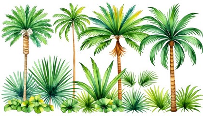 Vibrant tropical palm trees and lush green foliage in watercolor art