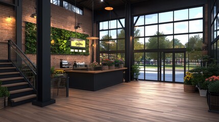 Fototapeta premium Eco-friendly coffee shop features a green wall of plants, modern seating, and warm lighting, providing a cozy atmosphere for relaxation