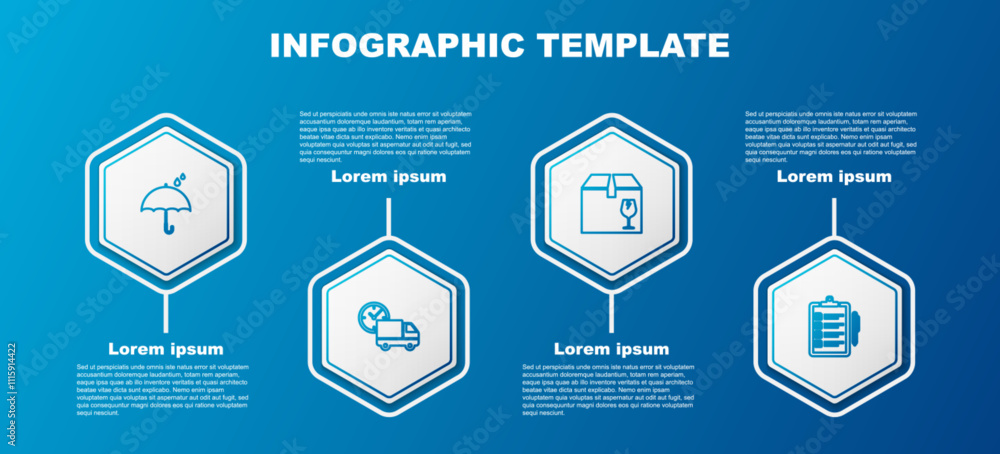 Poster set line umbrella and rain drops, delivery truck clock, box with fragile content and verification of