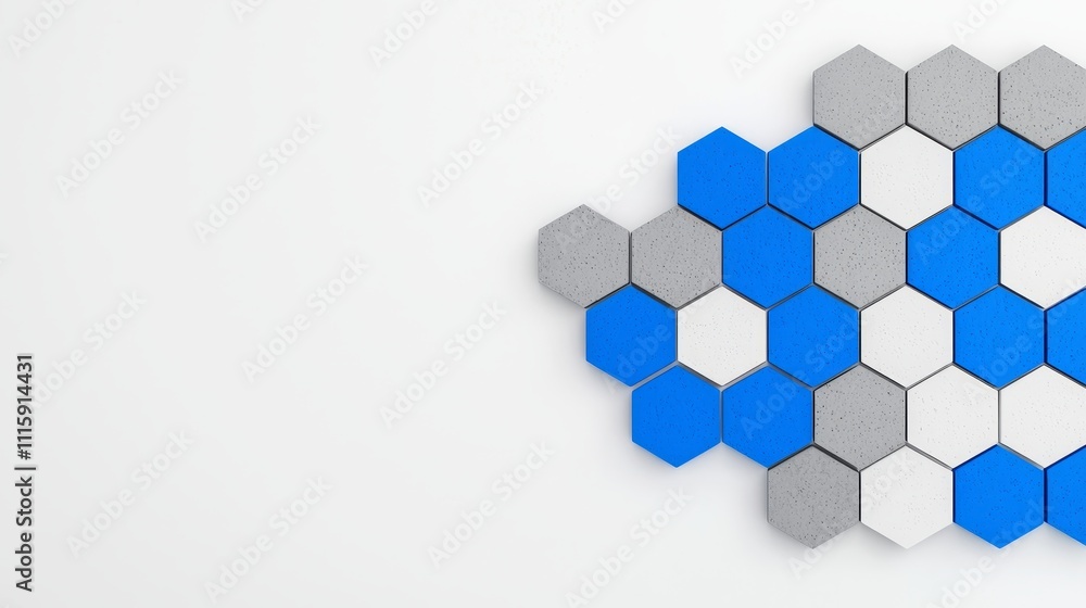 Poster A textured design of hexagonal tiles in different shades of blue and gray.