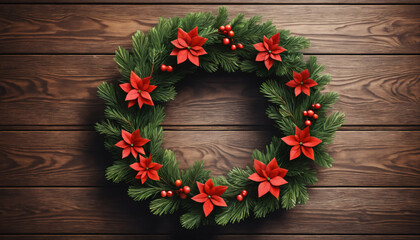 Christmas wreath on wooden background, Ai generated images