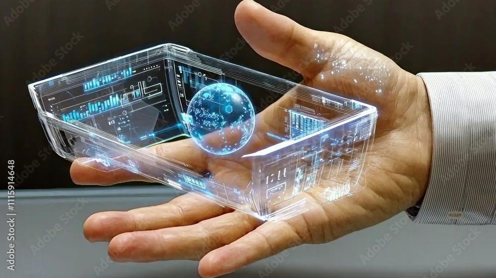 Poster futuristic holographic device displaying global data