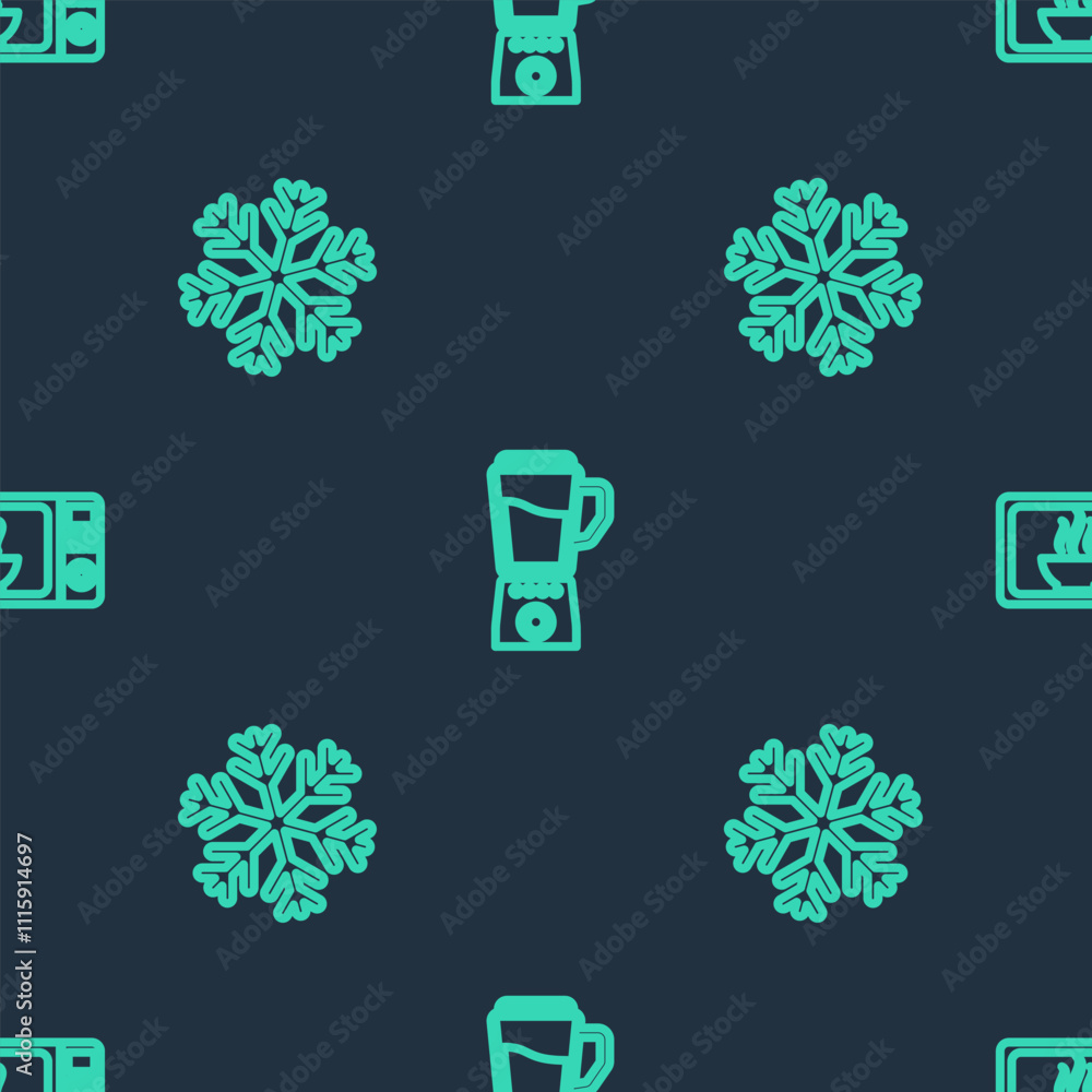 Poster set line blender, snowflake and microwave oven on seamless pattern. vector